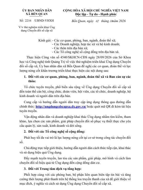 Thử nghiệm triển khai Ứng dụng Chuyển đổi số cấp xã