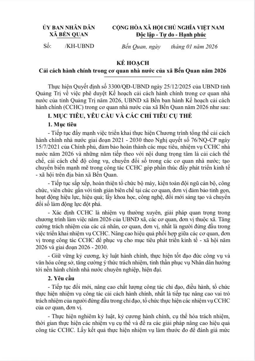 KẾ HOẠCH CẢI CÁCH HÀNH CHÍNH TRONG CƠ QUAN NHÀ NƯỚC CỦA XÃ BẾN QUAN NĂM 2026